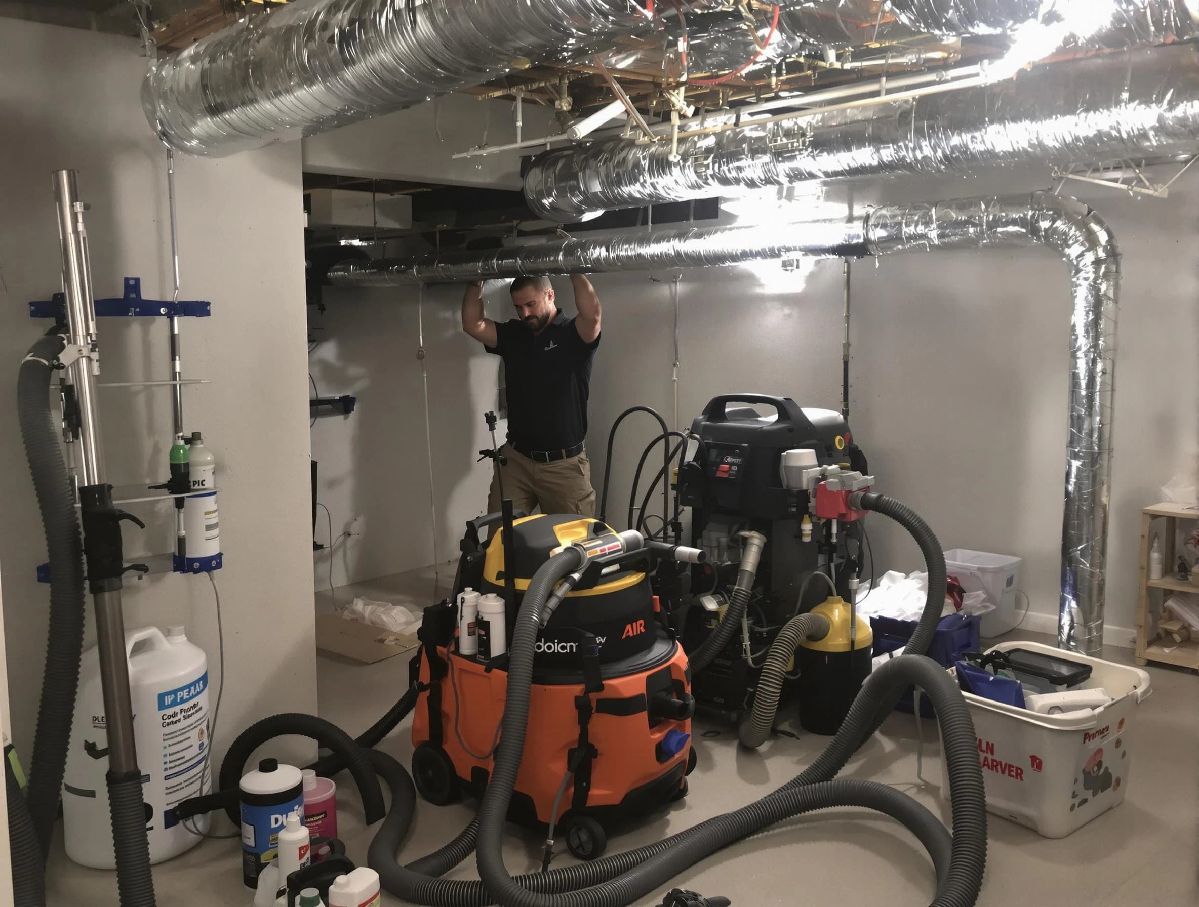 Ross Air Duct Cleaning specialist performing professional mold removal from air ducts using safety equipment in Ross
