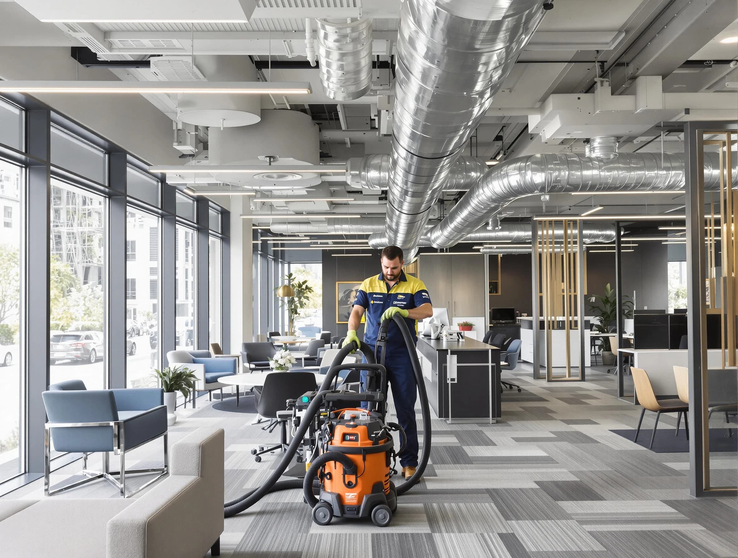 Ross Air Duct Cleaning team performing thorough commercial duct cleaning at a Ross business center